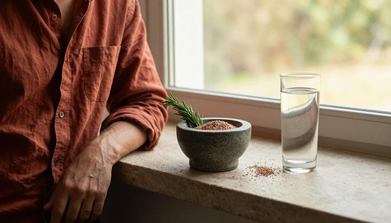Man at his morning routine near a window with warm afternoon light