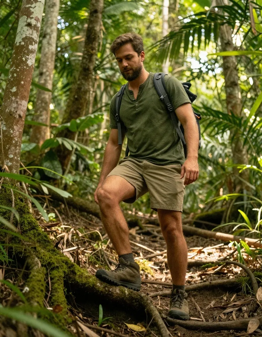 A man hiking on a forested trail in warm afternoon light