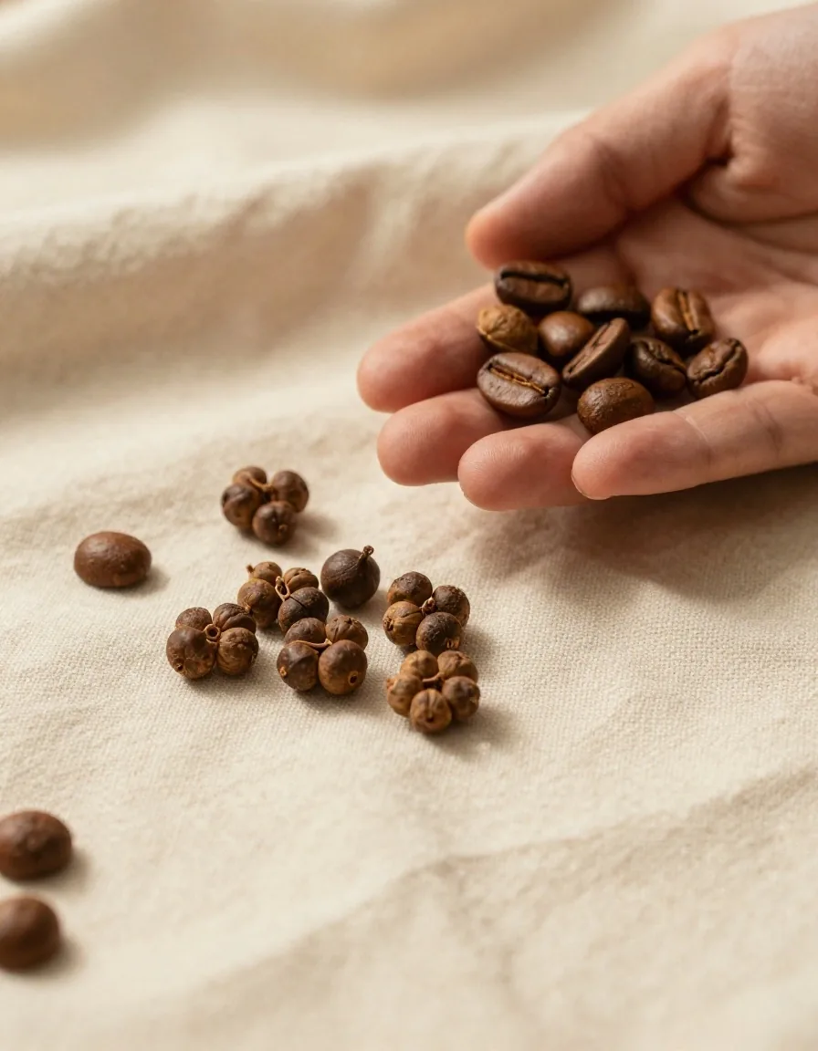 Guarana seeds and coffee beans on linen