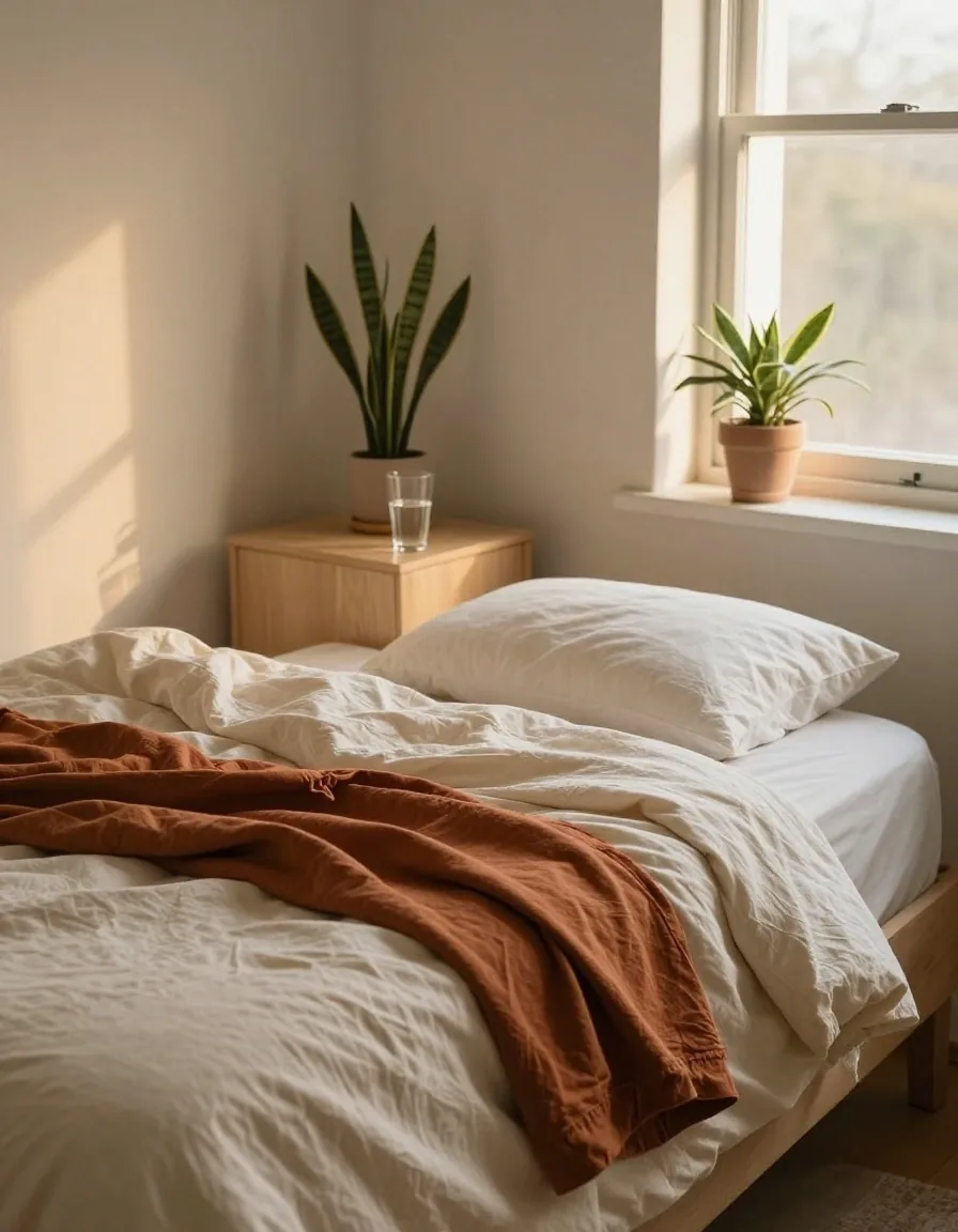 A quiet bedroom corner with warm afternoon light suggesting rest and recovery