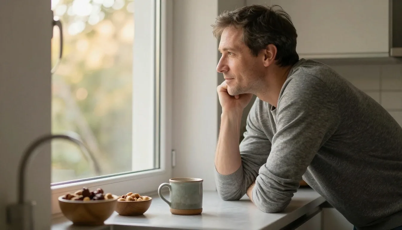 A man at his morning routine near a kitchen window with warm afternoon light
