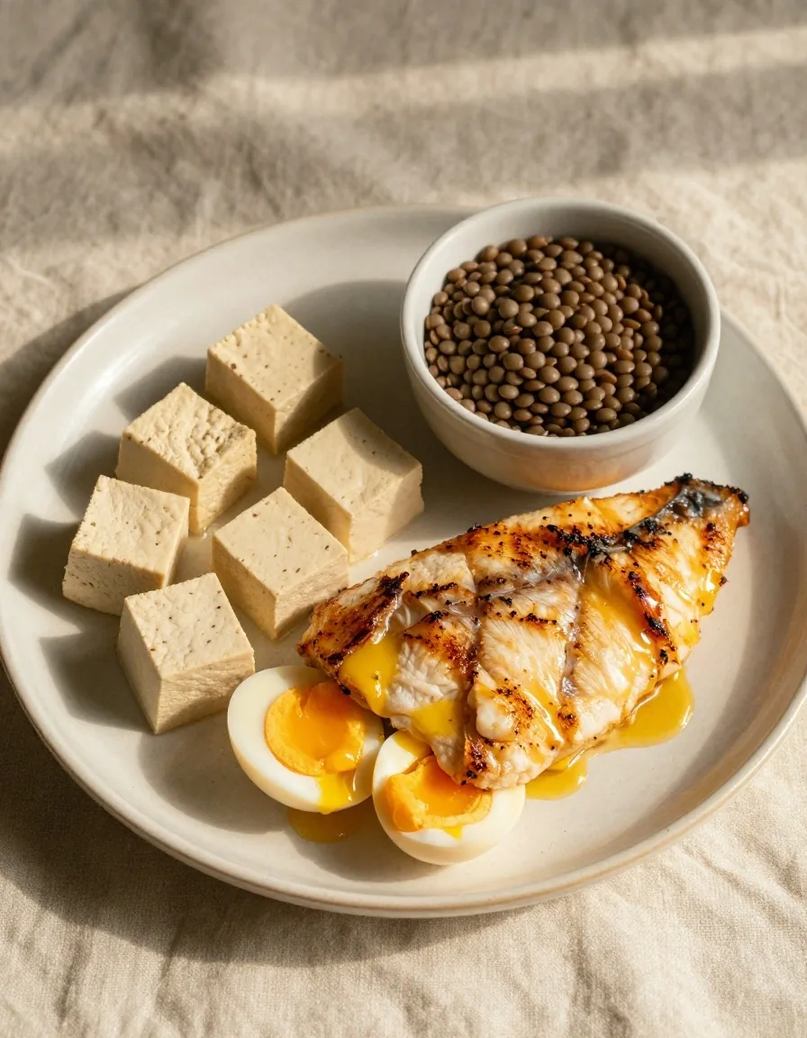 Common protein food sources arranged as a specimen plate on linen