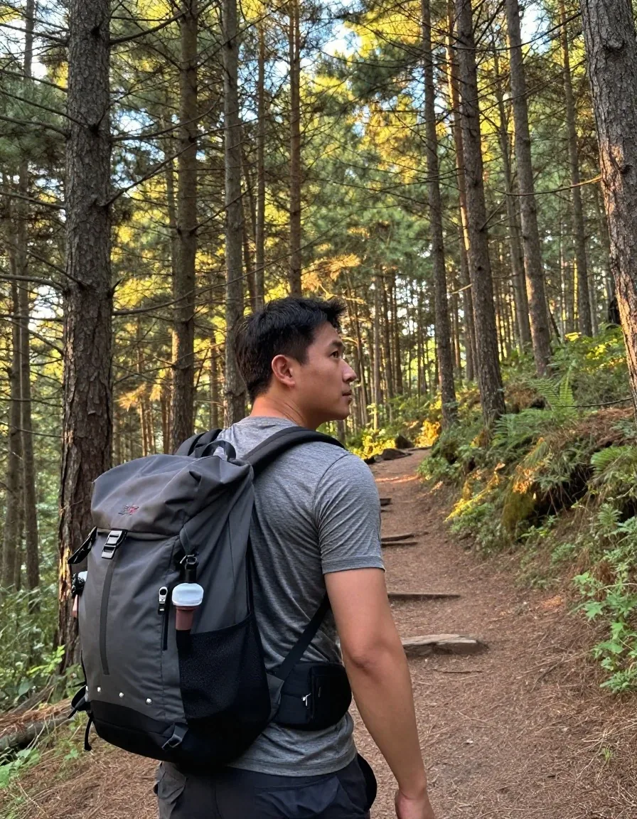 A man hiking on a forest trail in warm afternoon light