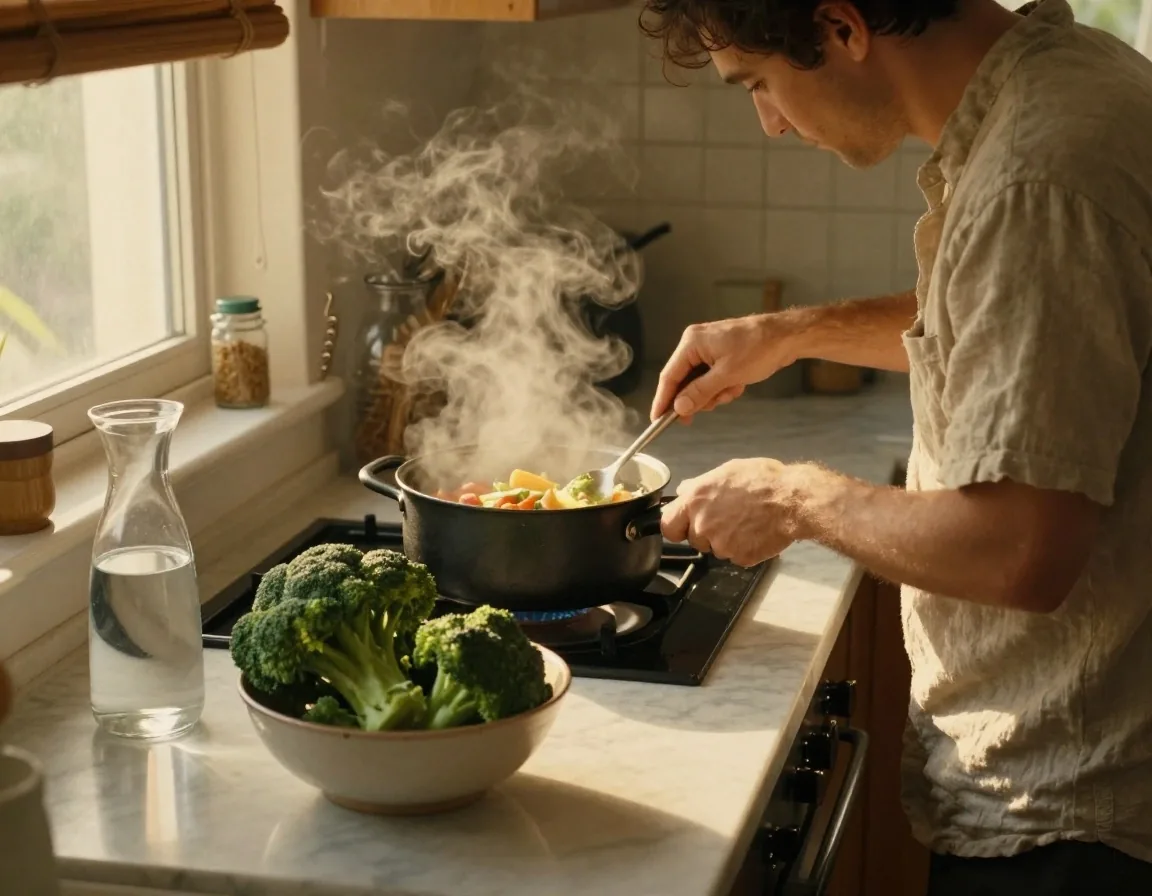 A man cooking a healthy meal in a warm kitchen