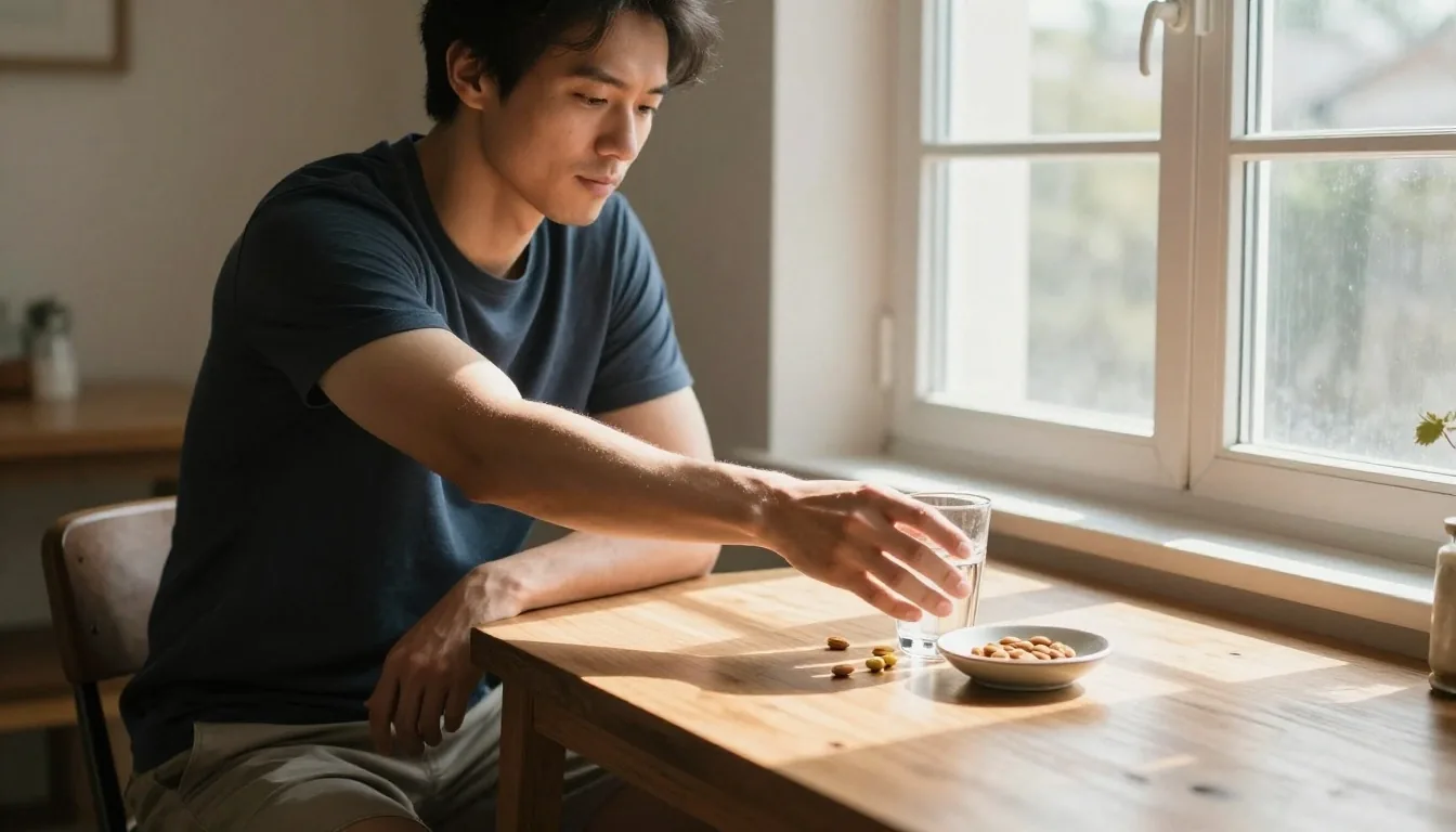 A man at his morning routine near a sunlit kitchen window