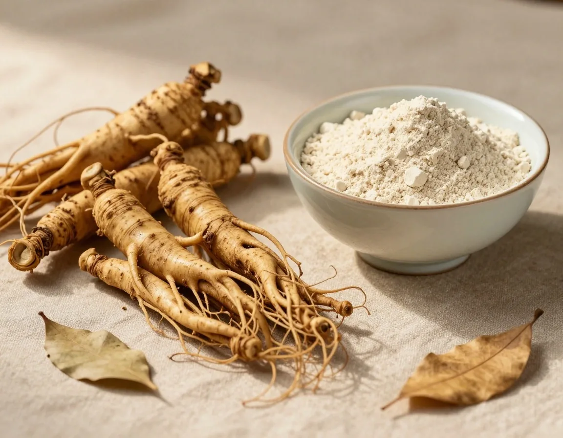 Ginseng root and maca powder on linen