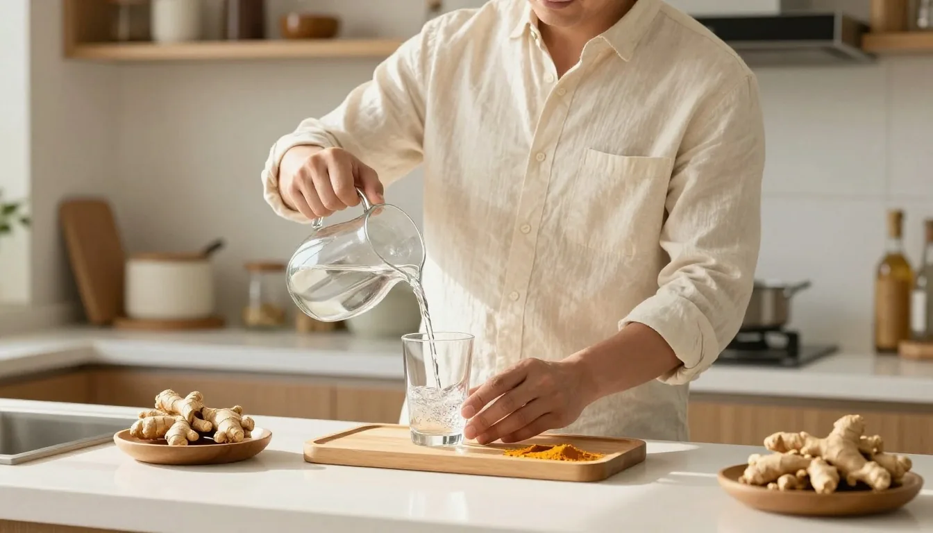 A man preparing his morning routine near a sunlit kitchen window