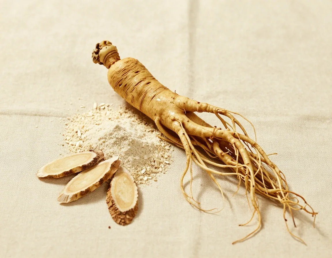 Dried maca root, ginseng, and amino acid powder on linen