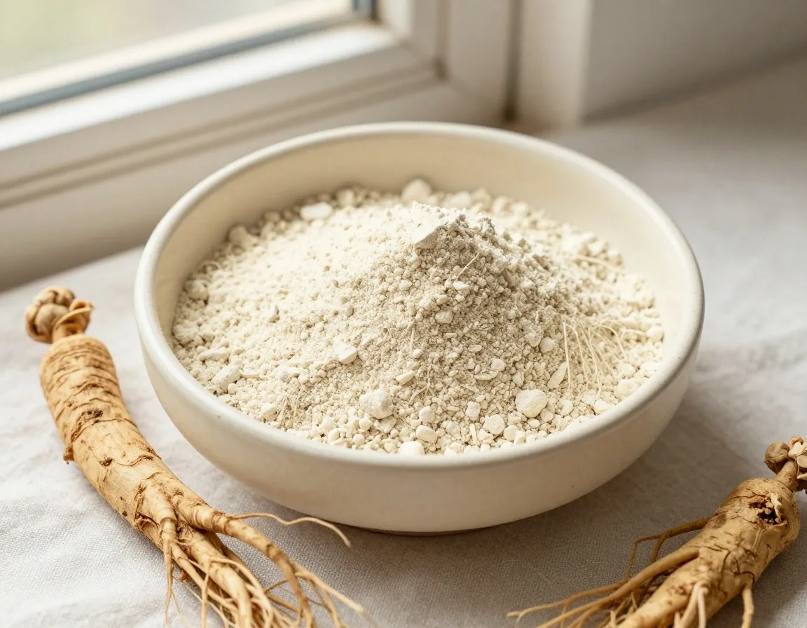 Zinc powder and ginseng root on a ceramic dish