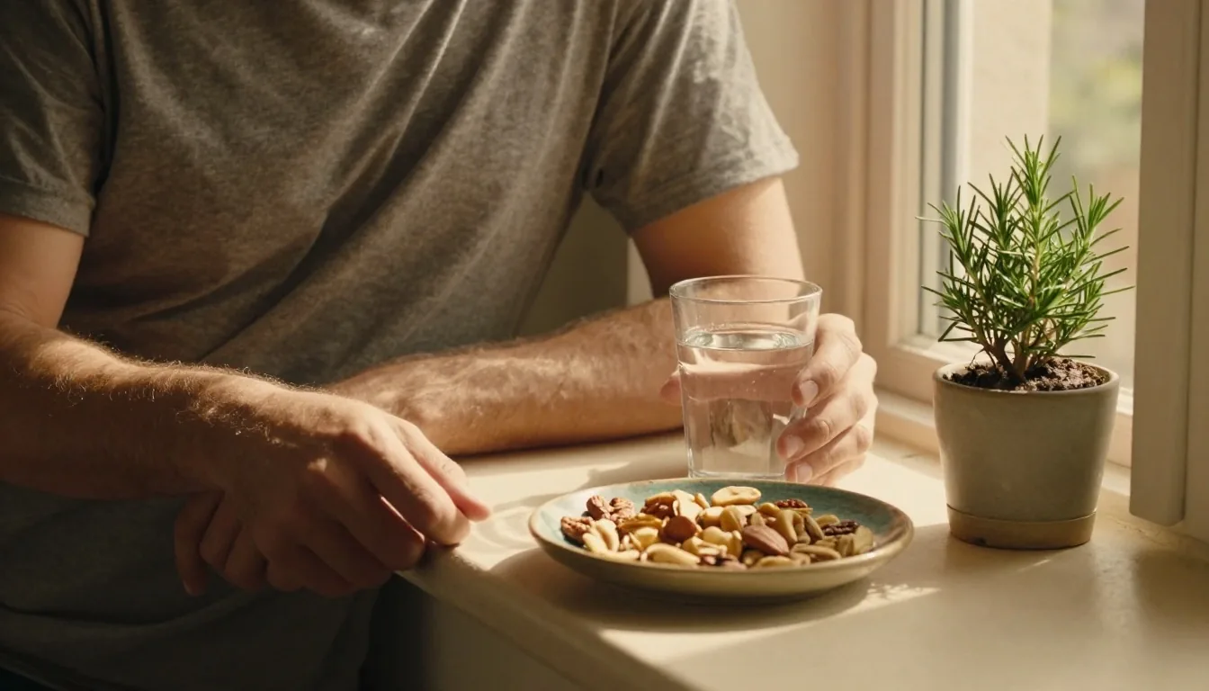 A man at his morning routine near a sunlit window