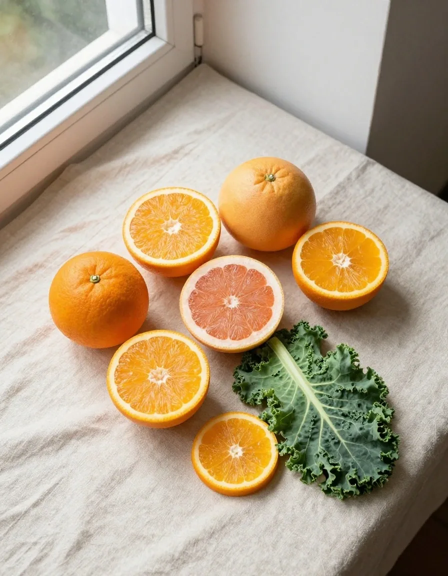 Citrus and leafy greens on linen