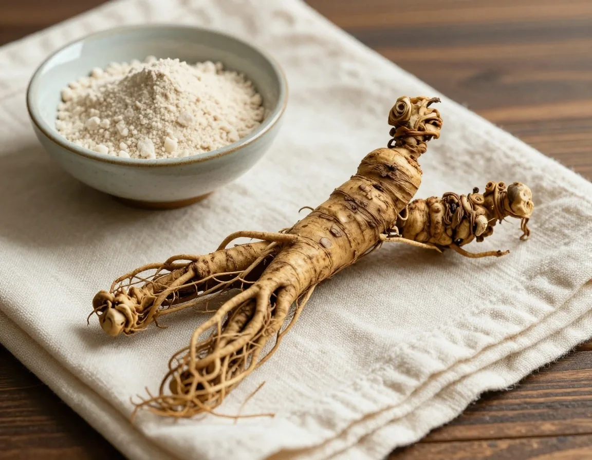 Ginseng root and maca powder on linen