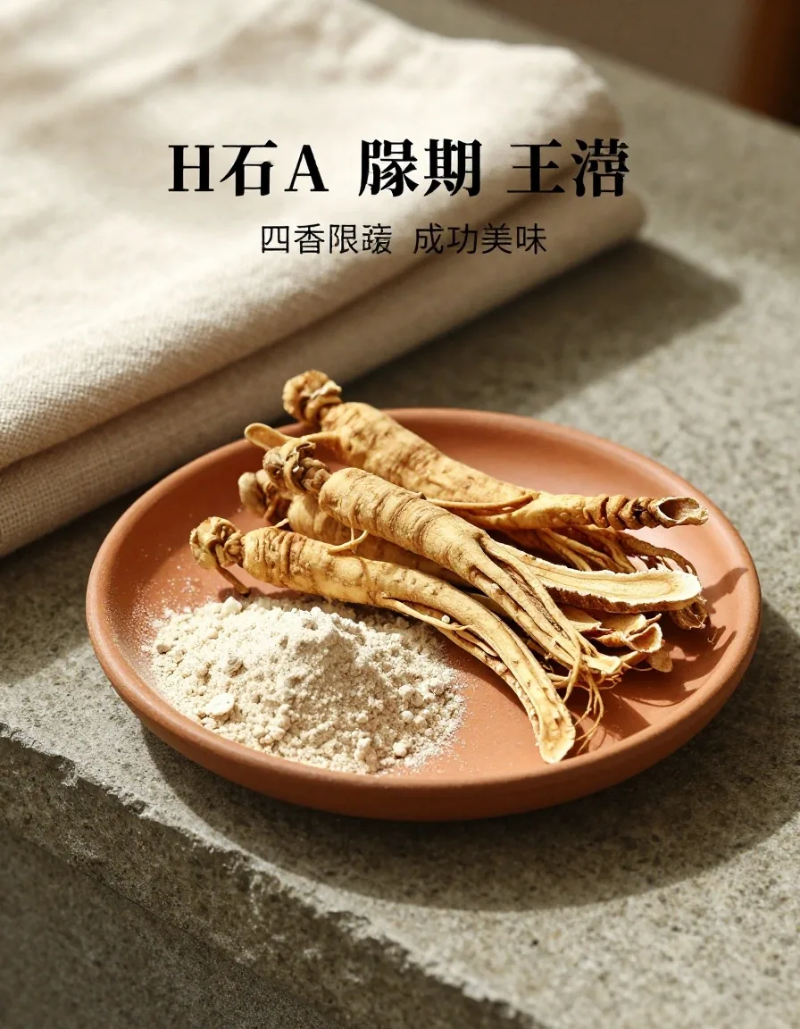 Ginseng slices and maca powder as botanical specimens